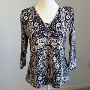 Liz Claiborne Petite Navy and Cream 3/4 Sleeve Pull-over Top SZPM